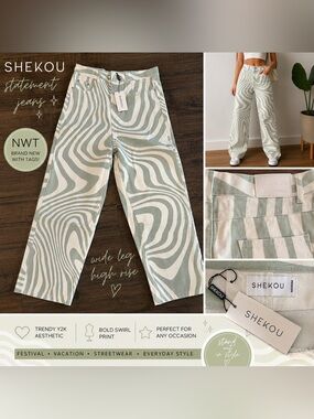 NWT SHEKOU Swirl Print Wide Leg Jeans Women’s Medium Sage Green & Ivory